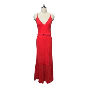 House of Harlow 1960 Red Knit Maxi Dress V Neck Spaghetti Strap Flounce Size Med